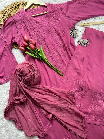 Wine rayon kurta set with Lucknowi chikankari embroidery by Hayat’s Lucknowi