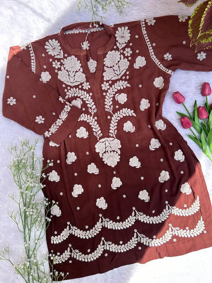 
Zehra brown premium modal chikankari kurta set crafted with intricate Lucknowi embroidery for sophisticated and stylish ethnic wear by Hayat's Lucknowi
