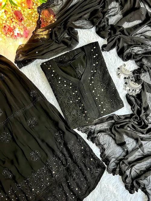 Black viscose georgette kurta set with Lucknowi chikankari and mukesh embroidery by Hayat’s Lucknowi