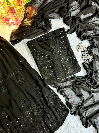 Black viscose georgette kurta set with Lucknowi chikankari and mukesh embroidery by Hayat’s Lucknowi
