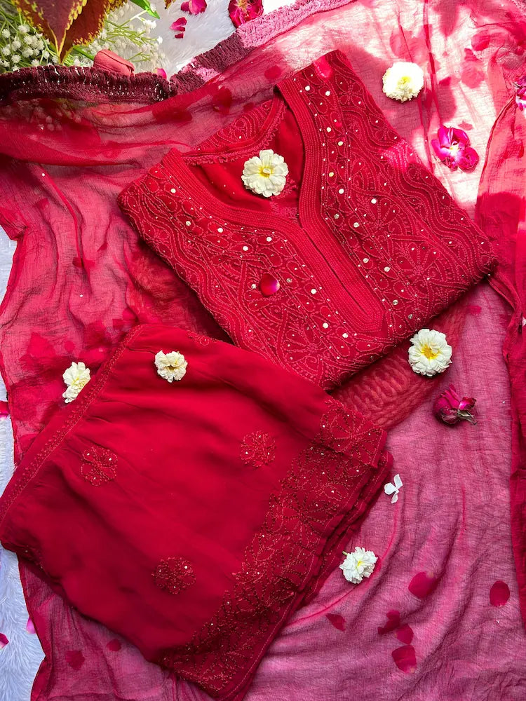 Wine viscose georgette long kurta gharara set with chikankari and mukesh embroidery by Hayat’s Lucknowi