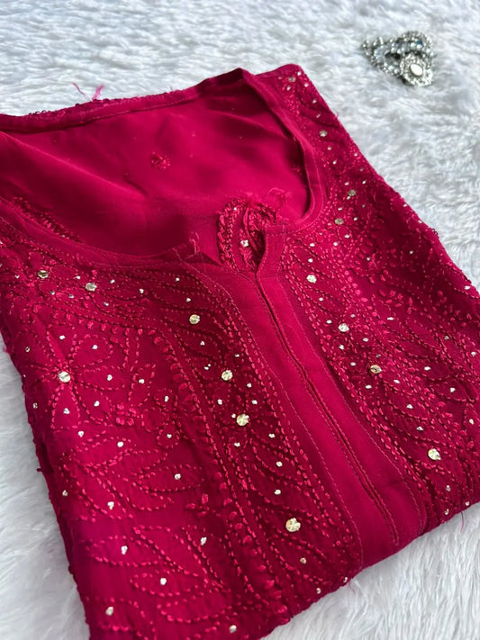 Ziya pink georgette Mukesh Chikankari set featuring intricate handcrafted Chikankari embroidery with delicate Mukesh work on lightweight, flowy georgette fabric for elegant festive and ethnic wear by Hayat's Lucknowi.
