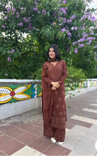 
Graceful georgette chikankari suit set featuring intricate hand embroidery for festive wear by Hayat's Lucknowi
