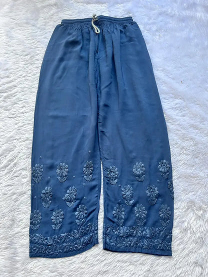 
Zoya denim blue georgette chikankari kurta set with dupatta featuring elegant hand embroidery for graceful and stylish ethnic wear by Hayat's Lucknowi