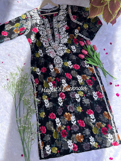 Liza Black Mul Mul Chikankari Kurta - Hayat&