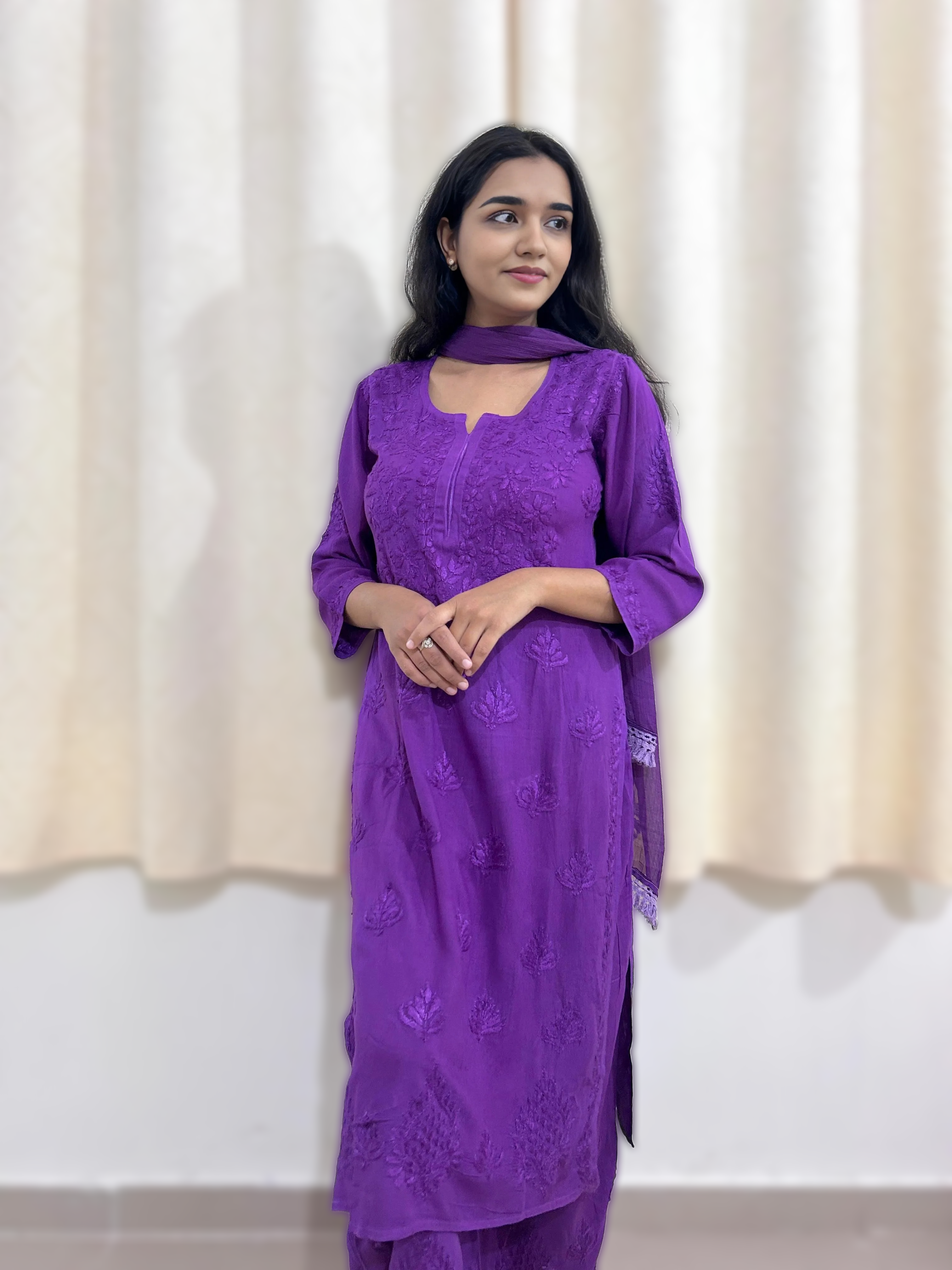 Zeenat purple rayon chikankari set