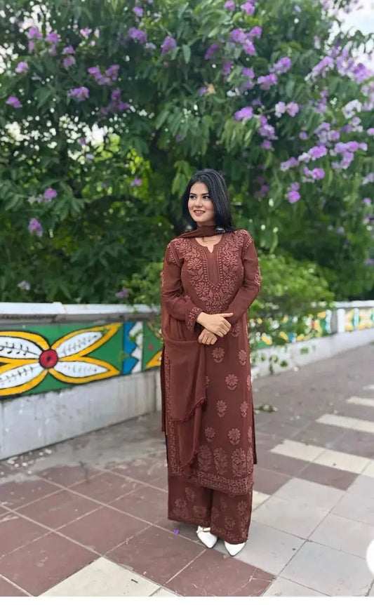 Zoya Brown Georgette Chikankari Suit Set