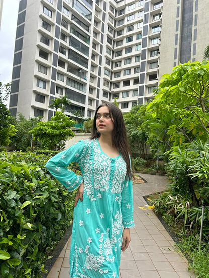 Turquoise modal co-ord with chikankari embroidery by Hayat’s Lucknowi
