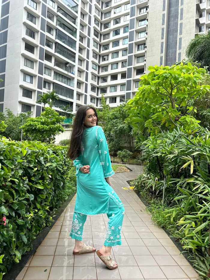 Turquoise modal co-ord with chikankari embroidery by Hayat’s Lucknowi