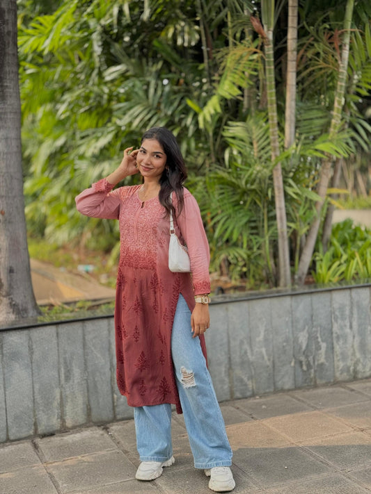 Amara Brown Ombre Chikankari Modal Kurti - Hayat's Lucknowi