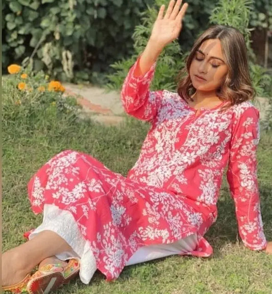 pink mul mul straight chikankari kurta with hand embroidery