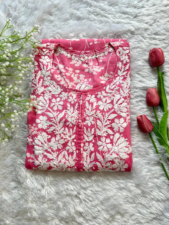pink chikankari floral print kurta | Hayat's Lucknowi
