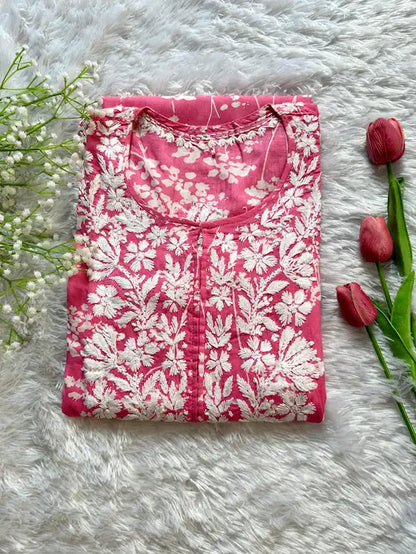 pink chikankari floral print kurta | Hayat's Lucknowi
