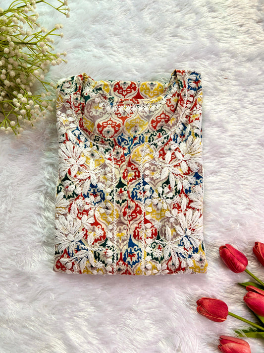 Maryam blue-red printed mul mul cotton chikankari kurti