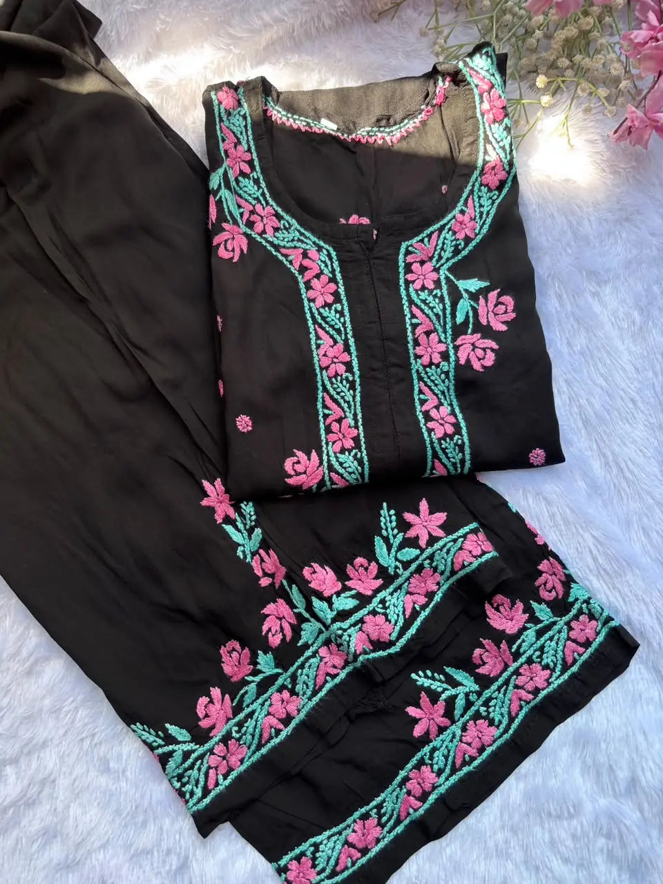 black lucknowi chikankari kurta plazo set with hand embroidered colourful thread work for everyday and ork wear