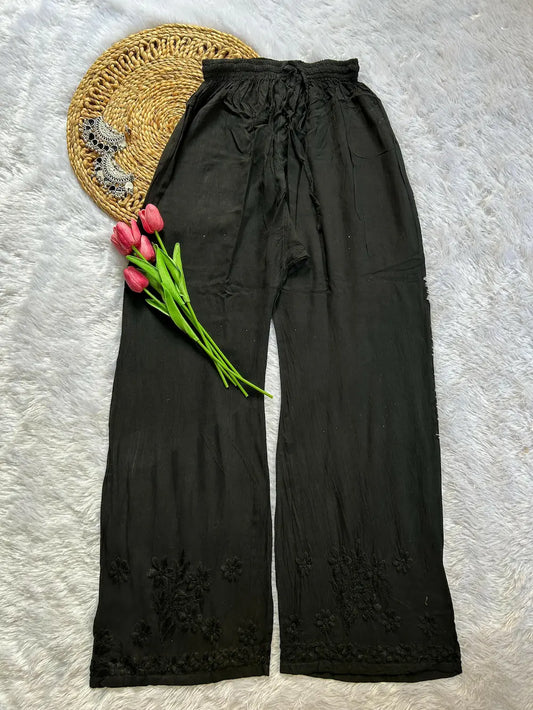 Elegant black chikankari plazo set in rayon fabric with hand embroidery