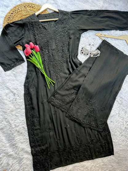 Handcrafted black rayon chikankari kurta set with embroidery