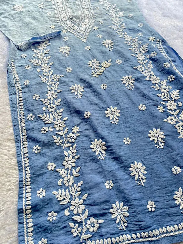 Blue Chanderi Lucknowi Chikankari Kurta by Hayat's Lucknowi