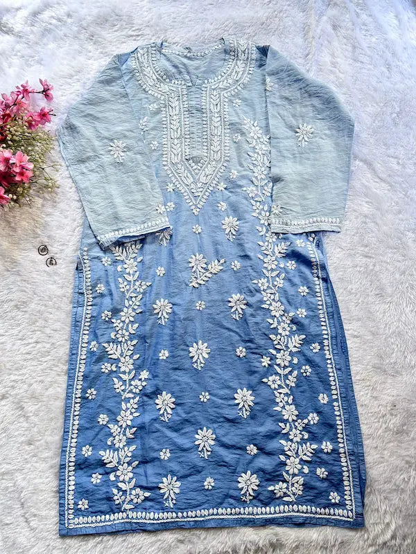 Blue Chanderi Lucknowi Chikankari Kurta by Hayat's Lucknowi