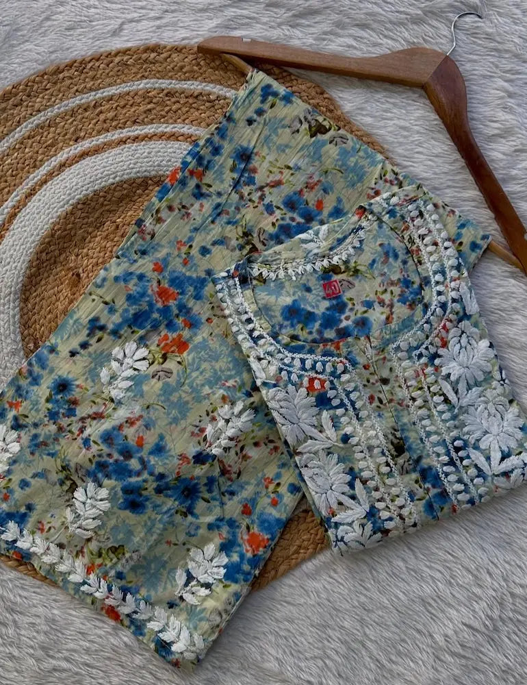 blue printed mul mul chikankari kurta plazo set with hand embroidery for summer | Hayat's Lucknowi