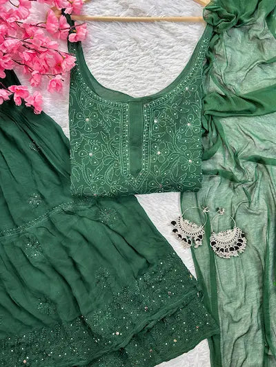 Bottle green georgette gharara set with chikankari and mukesh embroidery by Hayat’s Lucknowi