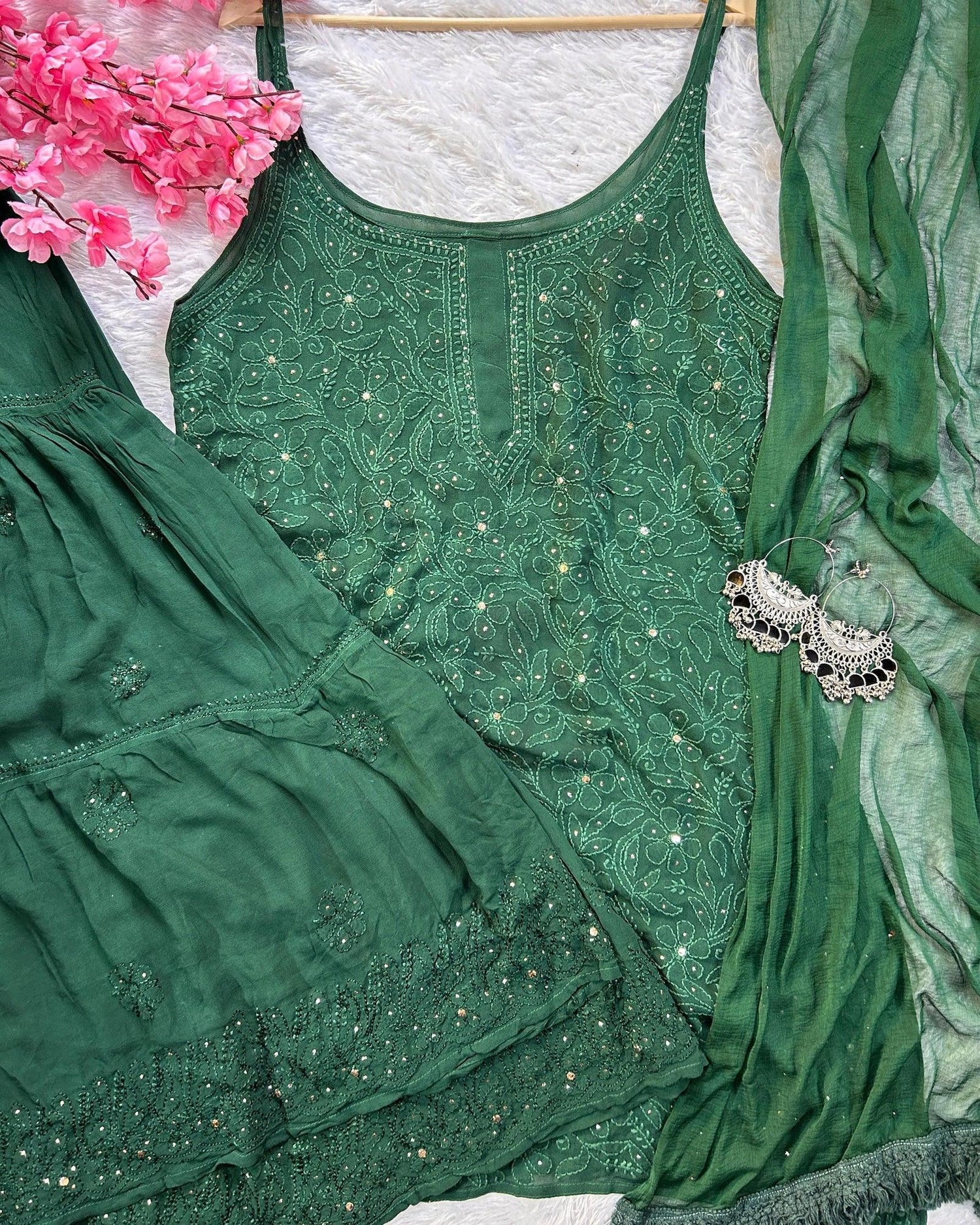 Nora Bottle Green Viscose Georgette Chikankari Mukesh Gharara Set - Hayat&