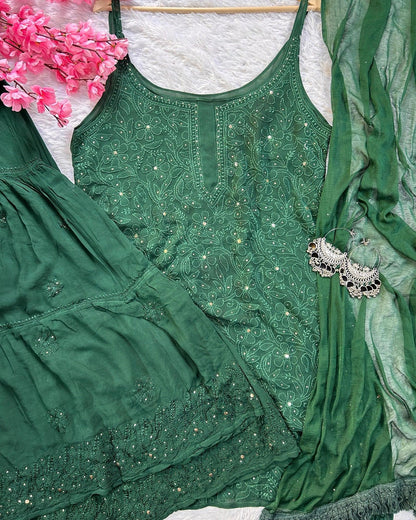 Nora Bottle Green Viscose Georgette Chikankari Mukesh Gharara Set - Hayat&