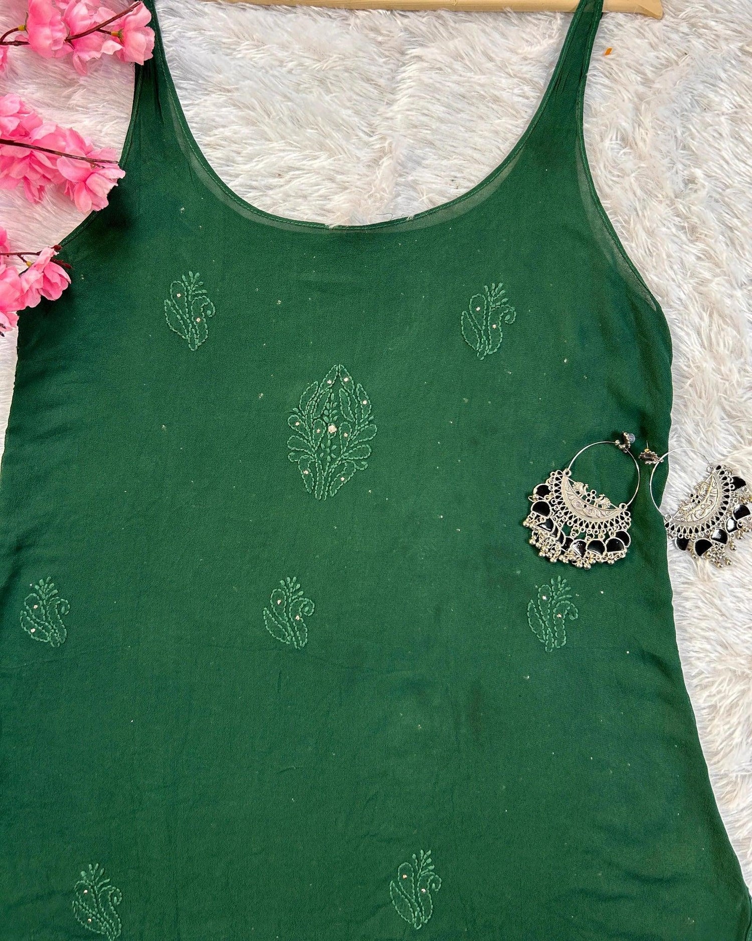 Nora Bottle Green Viscose Georgette Chikankari Mukesh Gharara Set - Hayat&