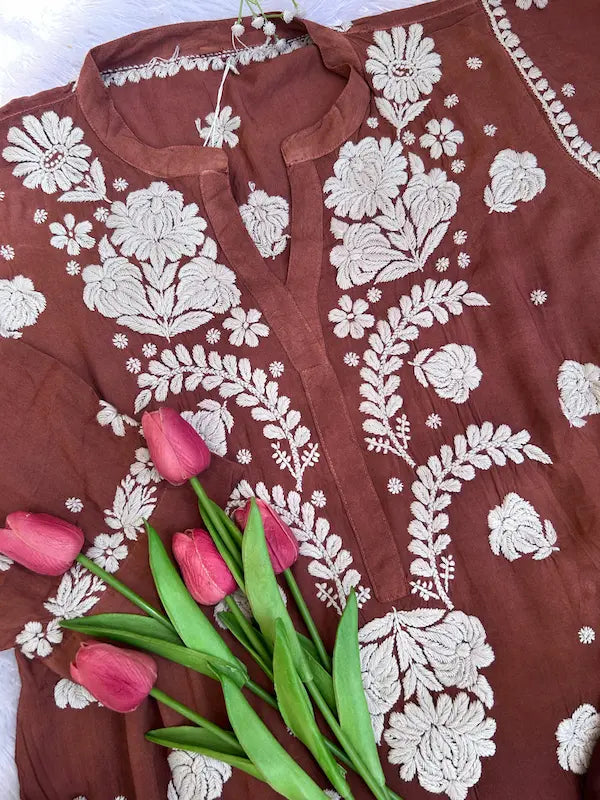 Brown premium modal co-ord with chikankari embroidery by Hayat’s Lucknowi