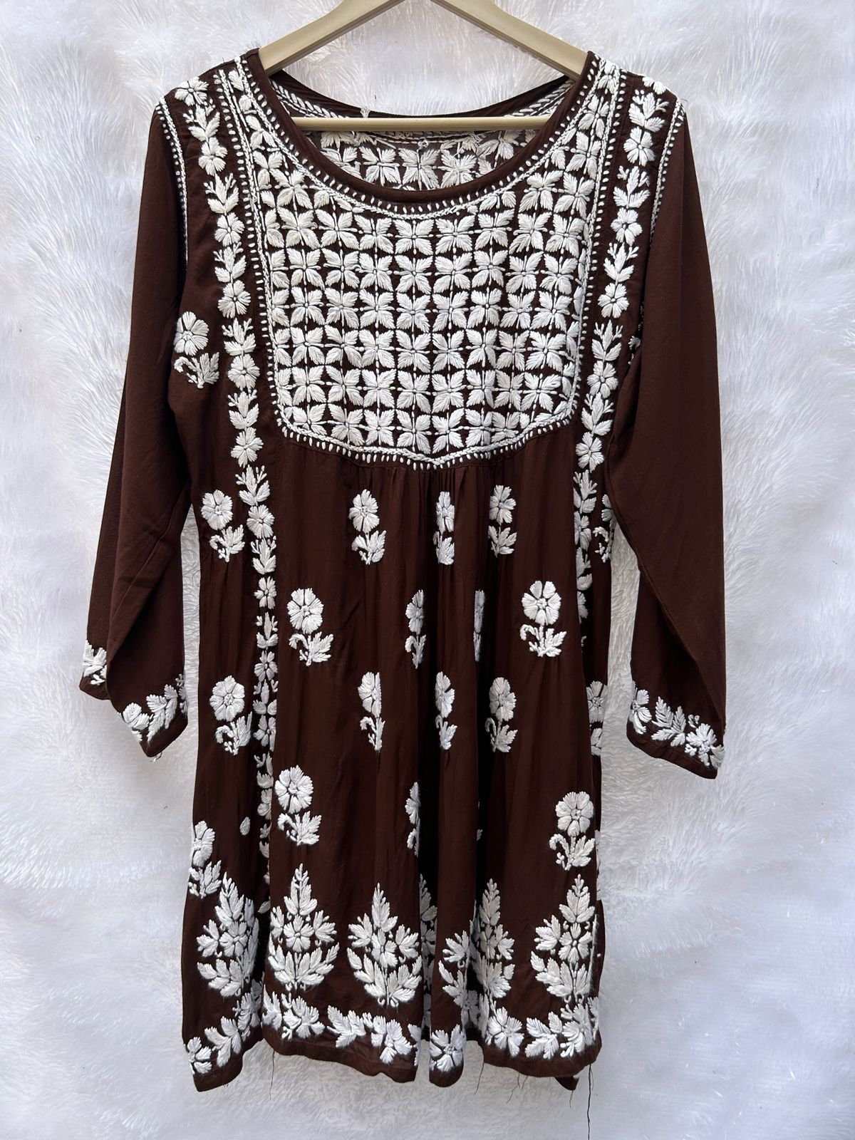 Brown short chikankari frock