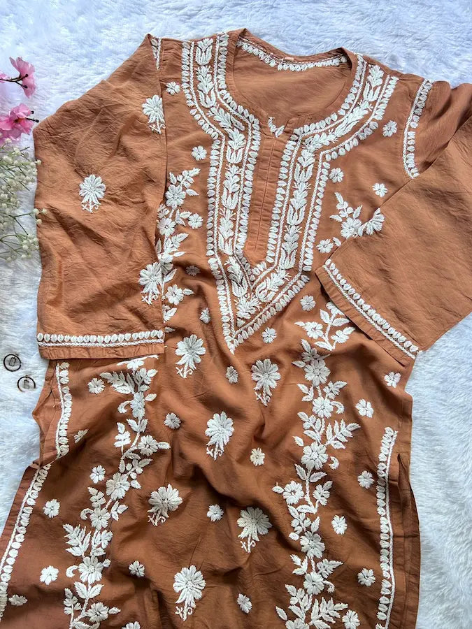 Brown Chanderi Lucknowi Chikankari Kurta by Hayat's Lucknowi