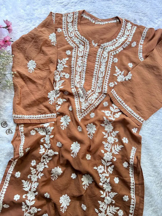 Brown Chanderi Lucknowi Chikankari Kurta by Hayat's Lucknowi