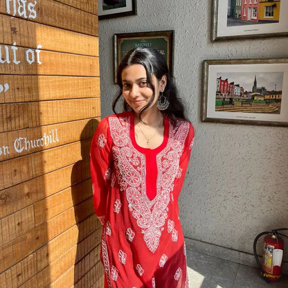 Red georgette chikankari kurti with embroidery by Hayat’s Lucknowi