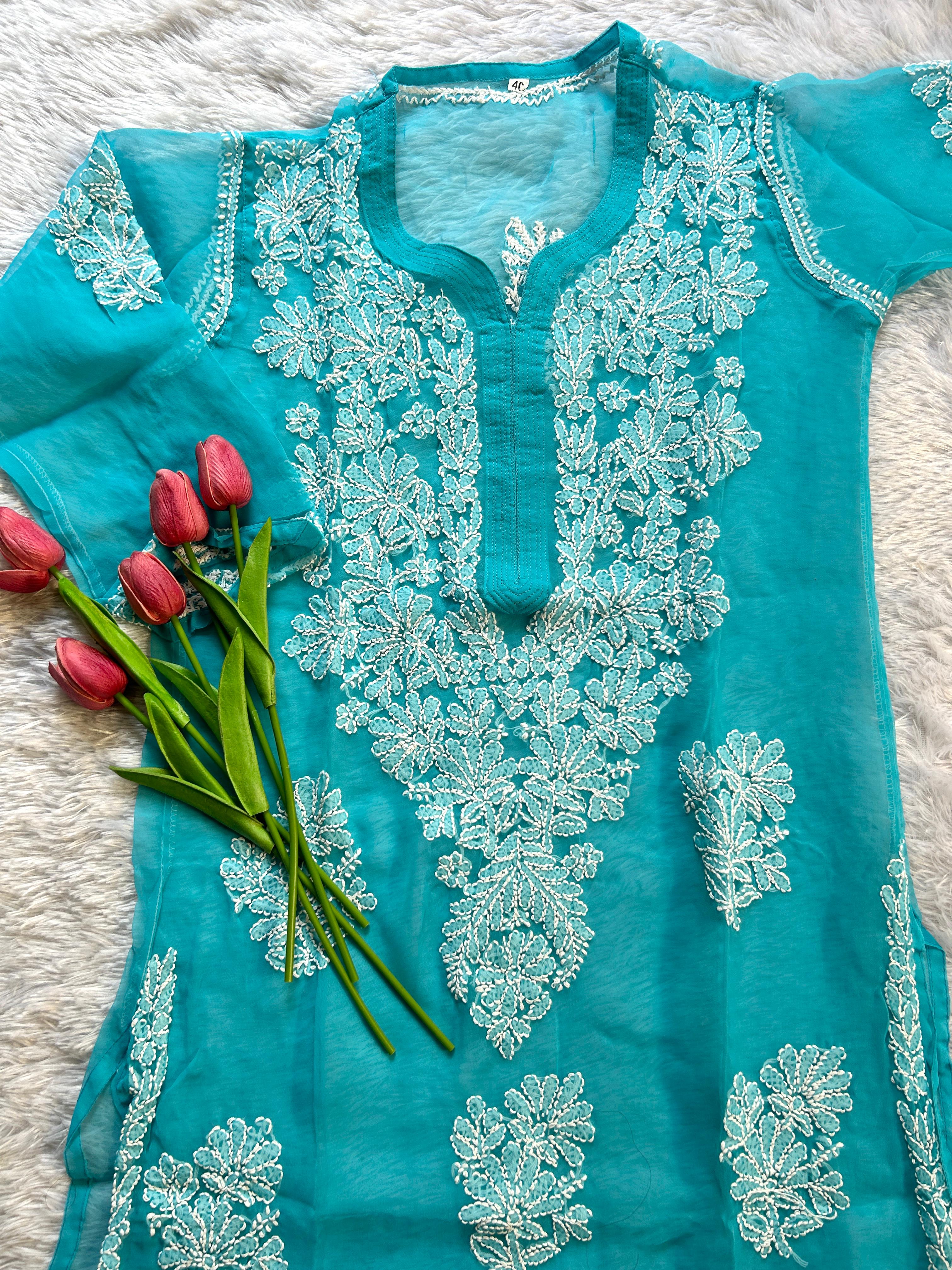 Ayena Sea Green Georgette Chikankari Kurti - Hayat&