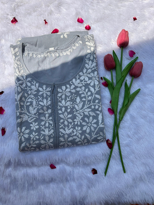 Faiz Gray Long Modal Chikankari Kurti