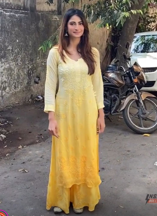 Palak Tiwari Inspired Yellow Ombre Dye Modal Set - Hayat's Lucknowi