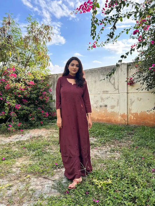 brown chikankari kurta plazo dupatta suit set | Hayat's Lucknowi