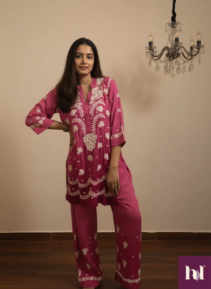 deep pink modal fabric heavy chikankari 3D embroidery coord | Hayat's Lucknowi