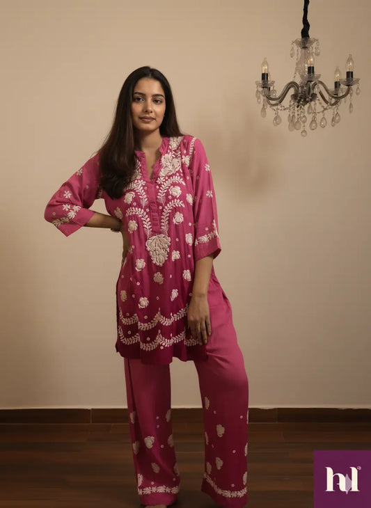 deep pink modal fabric heavy chikankari 3D embroidery coord | Hayat's Lucknowi