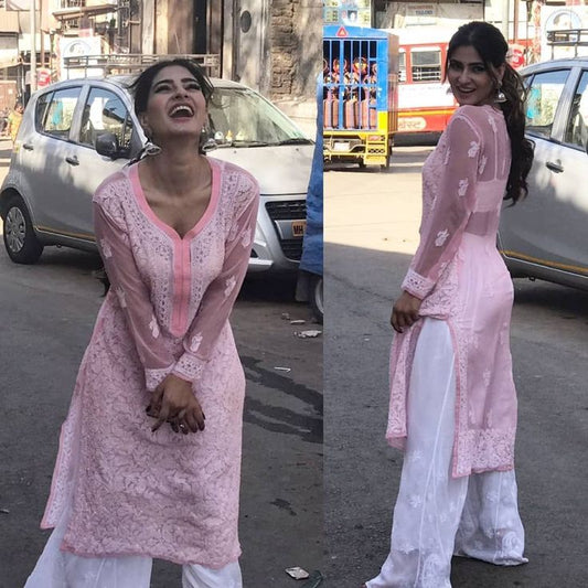 Karishma Peach Georgette Chikankari Kurti