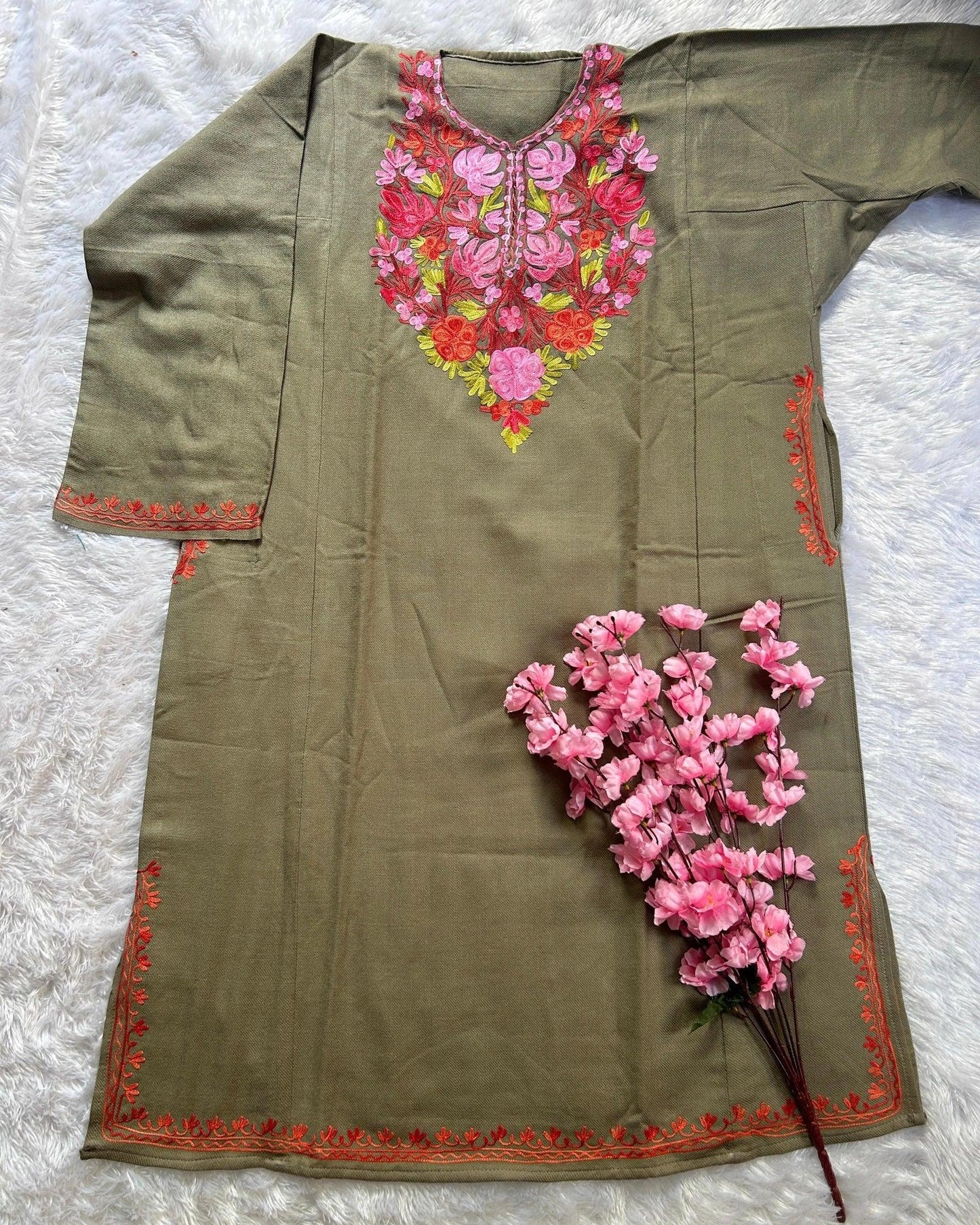 Taupe Kashmiri Woolen Aari Work Pheran - Hayat's Lucknowi