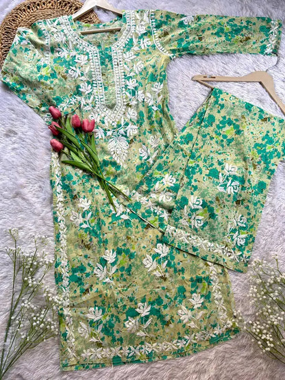 Shifa Green Chikankari Printed Mul Mul Set