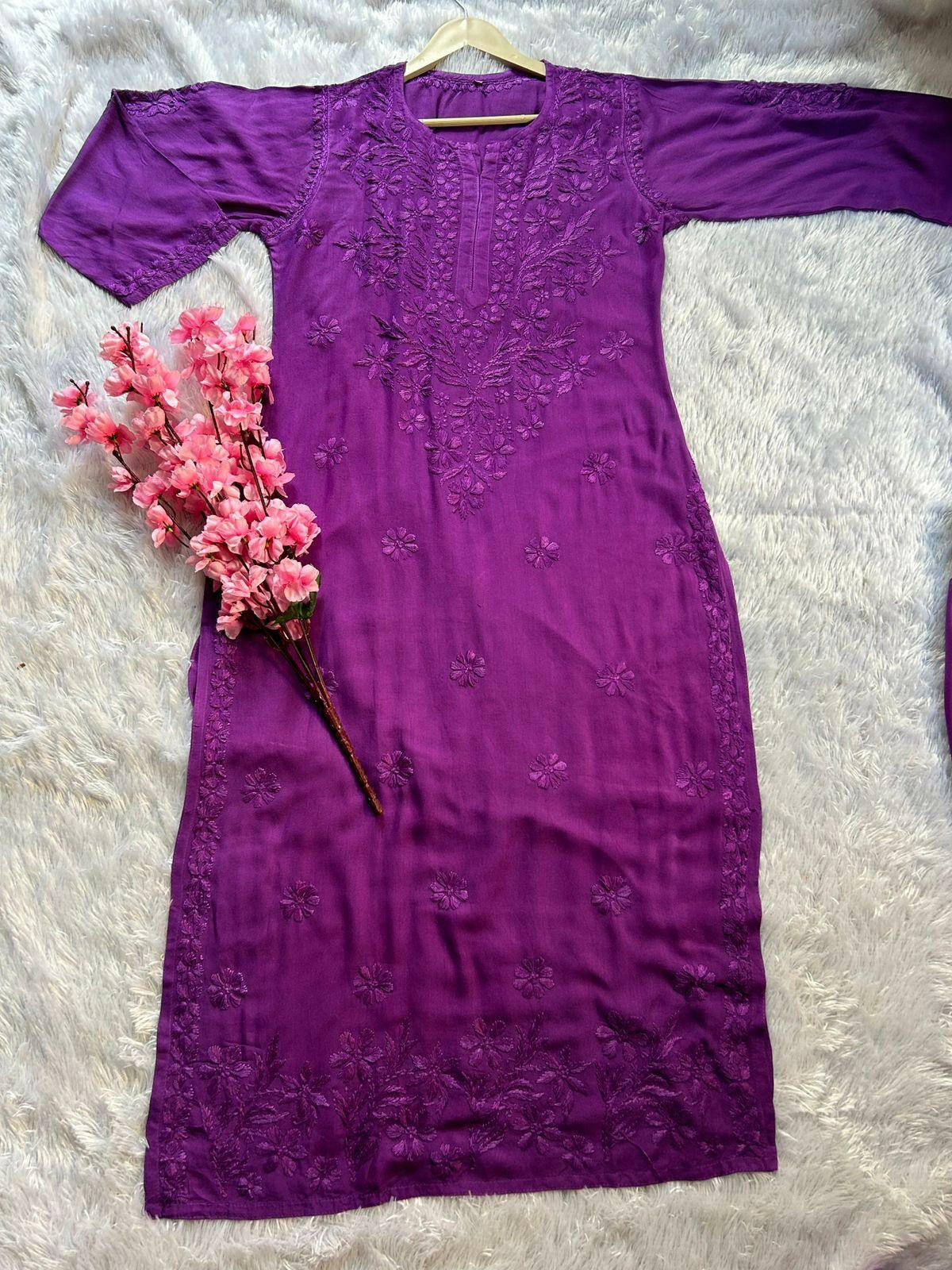 Zeenat Purple Rayon Chikankari Set - Hayat's Lucknowi