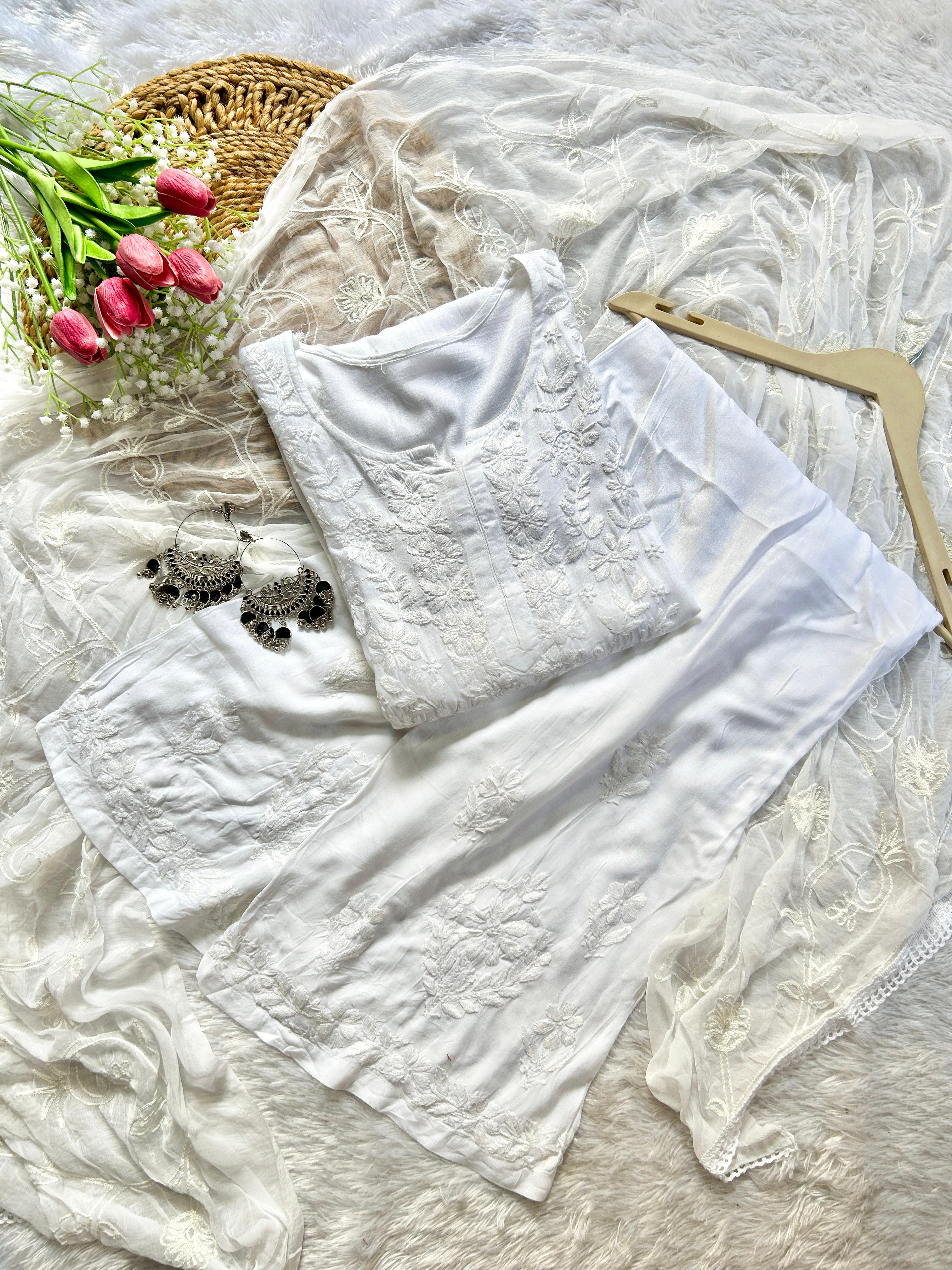 Zeenat White Rayon Chikankari Set - Hayat&