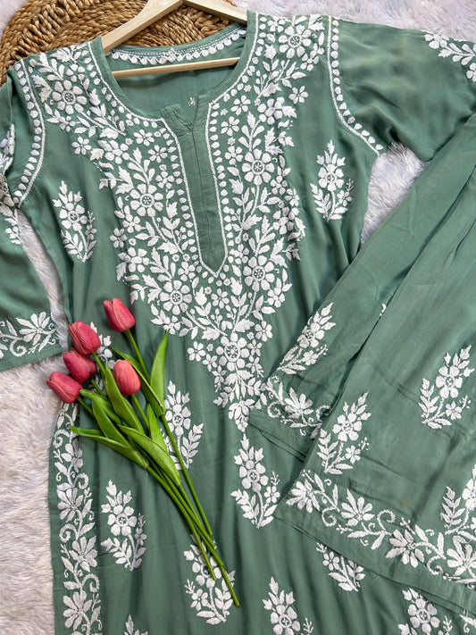 Iqra Sage Green Modal Set - Hayat's Lucknowi