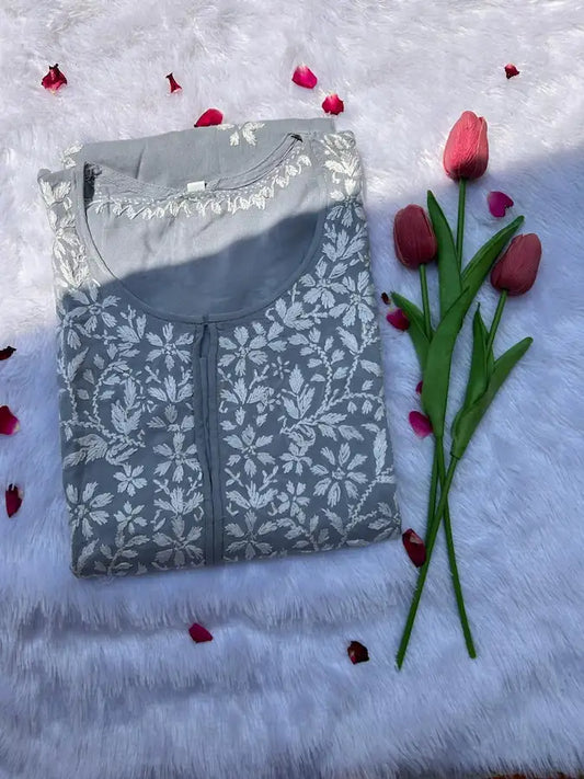 gray hand embroidery chikankari modal straight long kurti