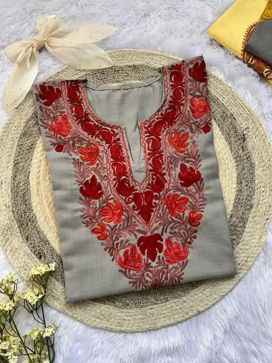 gray aari work cotton chikankari long kurta | Hayat's Lucknowi