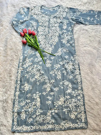 gray mul mul chikankari hand embroidered kurta floral pattern