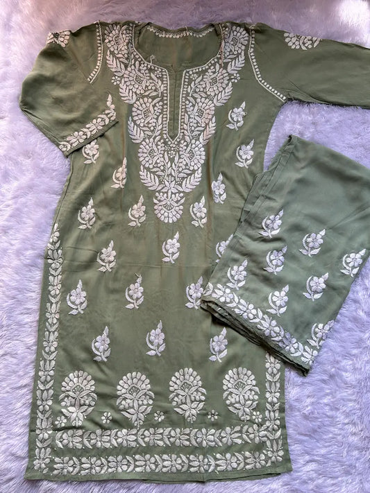 pista green chikankari kurta with embroidary casual wear [Hayat Lucknowi]