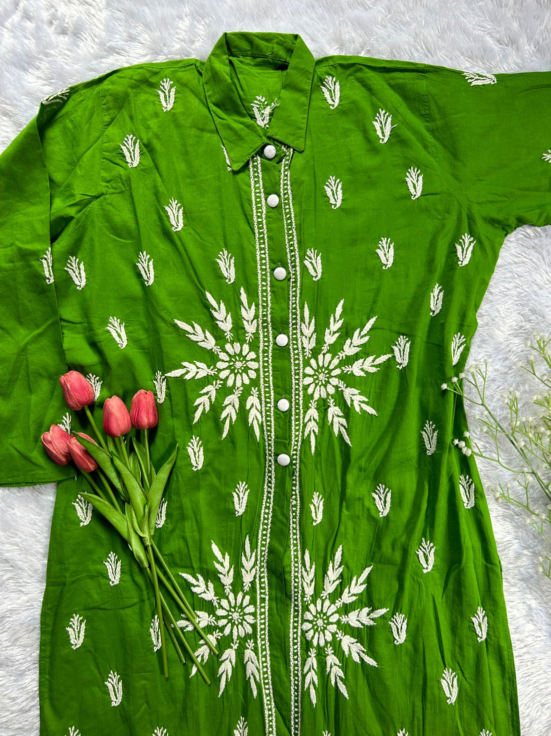 Green cotton collar neck kurta - Hayat&